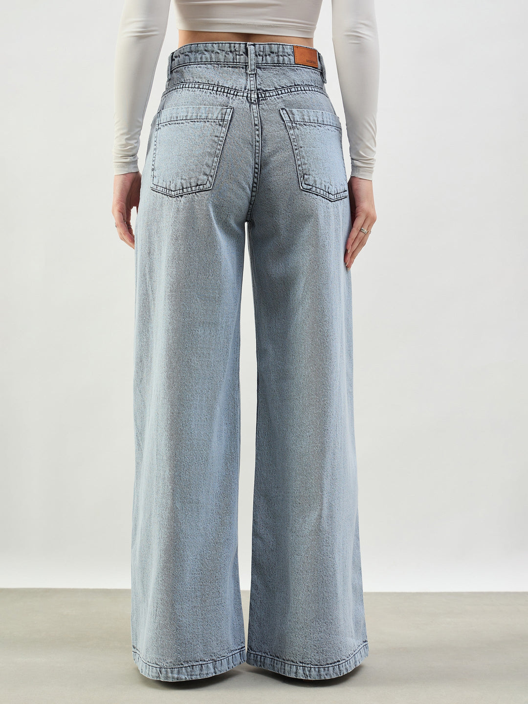 Women Grey Wash Low Waist Wide Leg Jeans