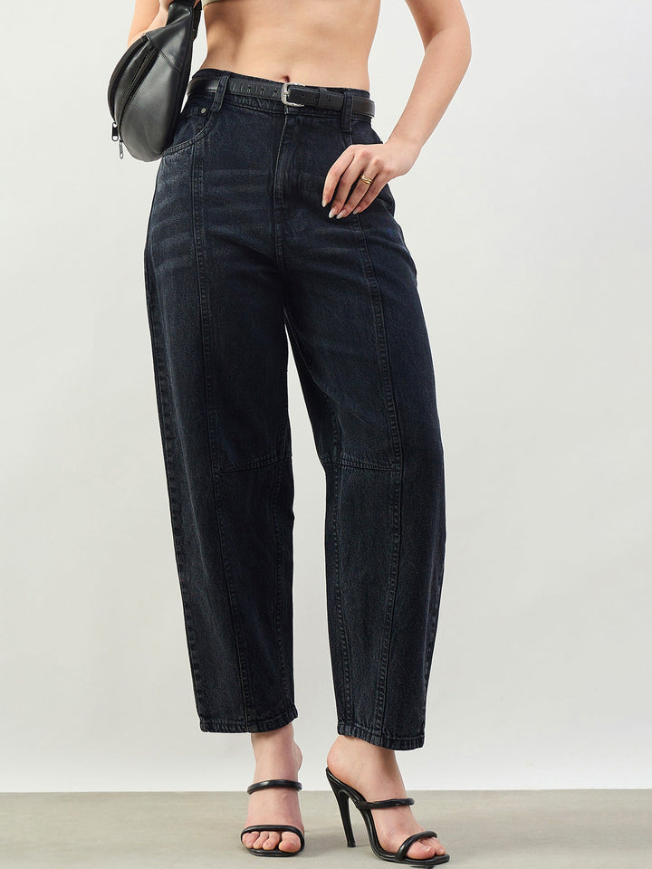 Women Black Wash Front Seam Balloon Fit Jeans