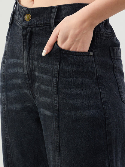 Women Black Wash Front Seam Balloon Fit Jeans