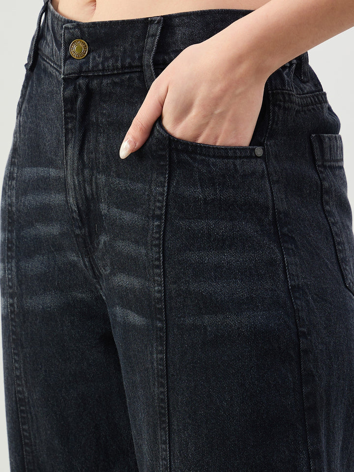 Women Black Wash Front Seam Balloon Fit Jeans