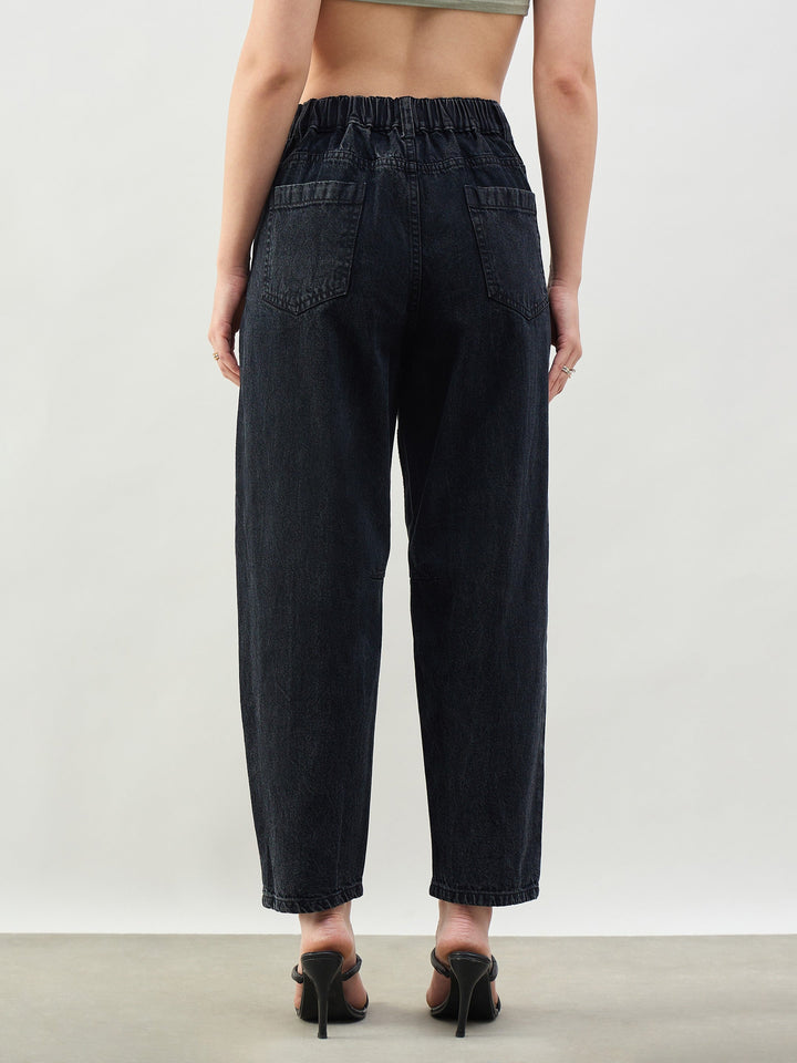 Women Black Wash Front Seam Balloon Fit Jeans