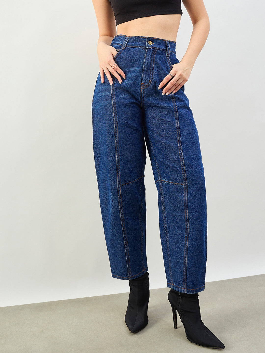 Women Blue Wash Front Seam Balloon Fit Jeans