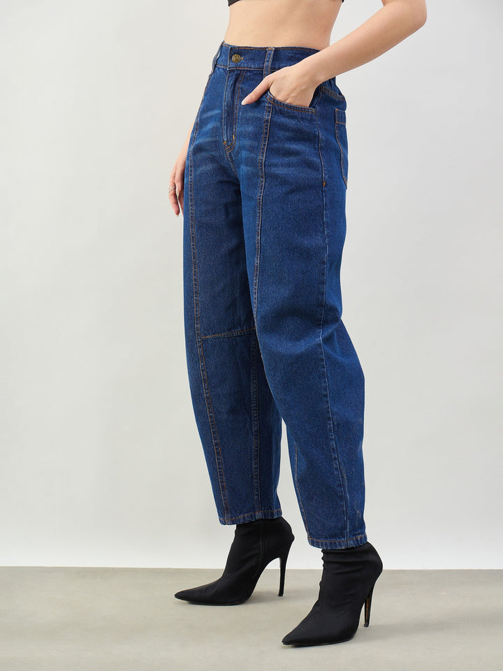 Women Blue Wash Front Seam Balloon Fit Jeans
