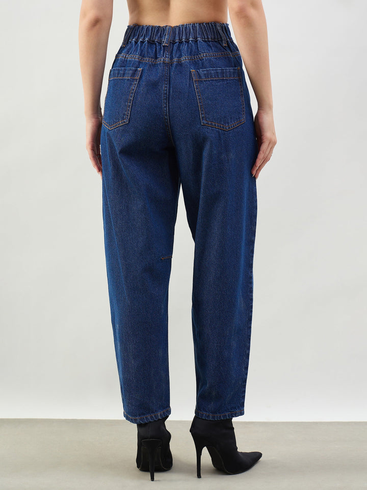 Women Blue Wash Front Seam Balloon Fit Jeans