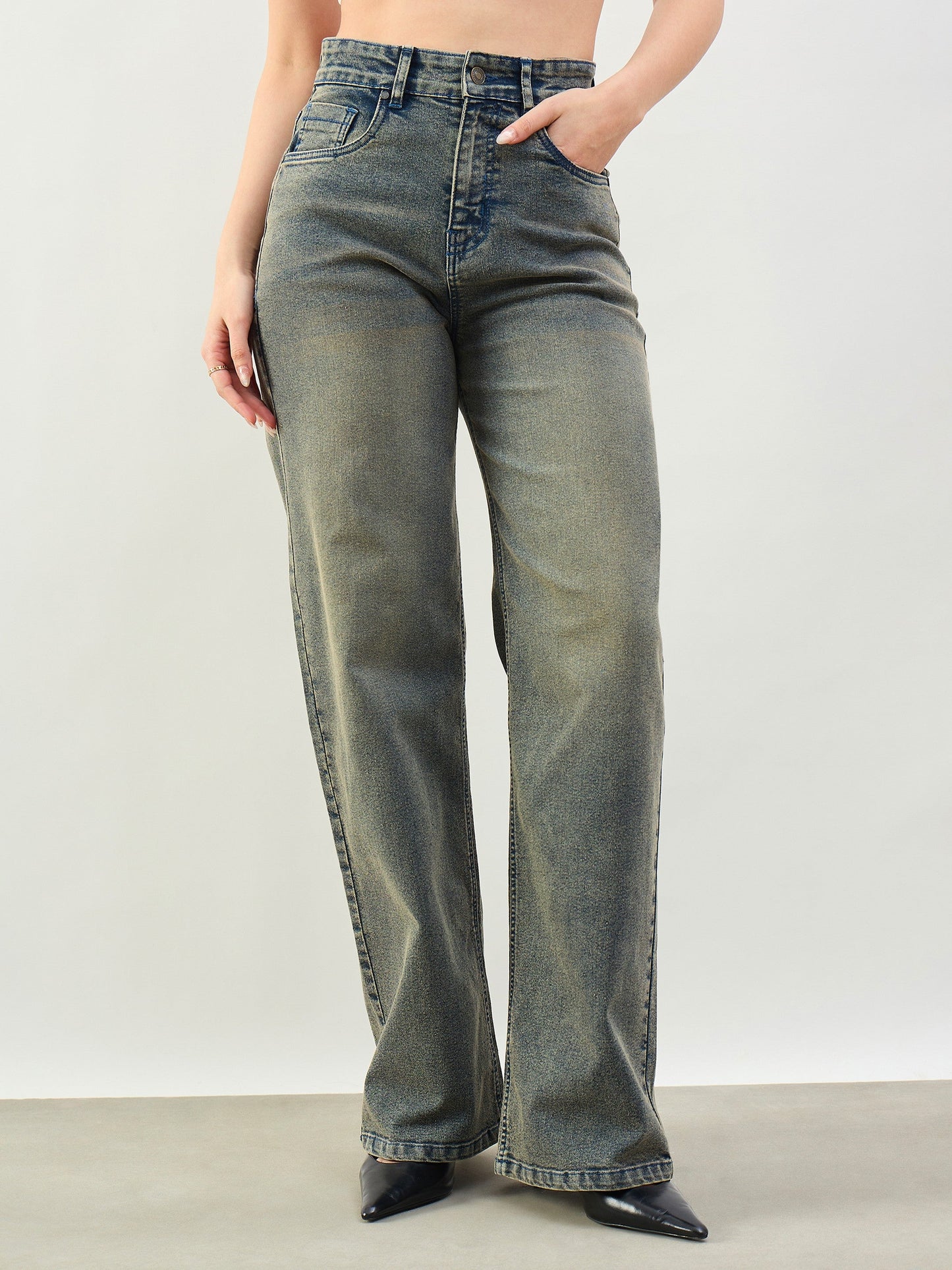 Black Washed High Waist Straight Jeans