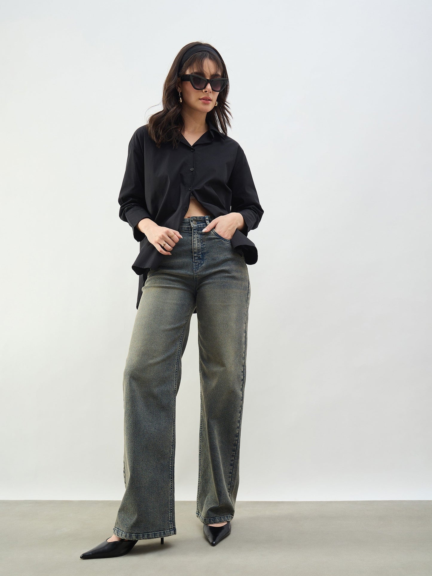 Black Washed High Waist Straight Jeans