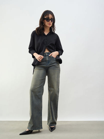 Black Washed High Waist Straight Jeans