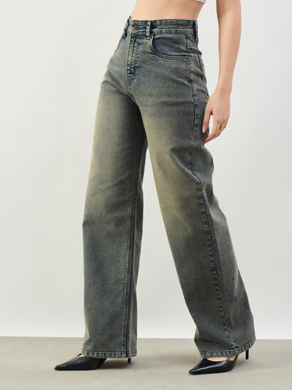 Black Washed High Waist Straight Jeans
