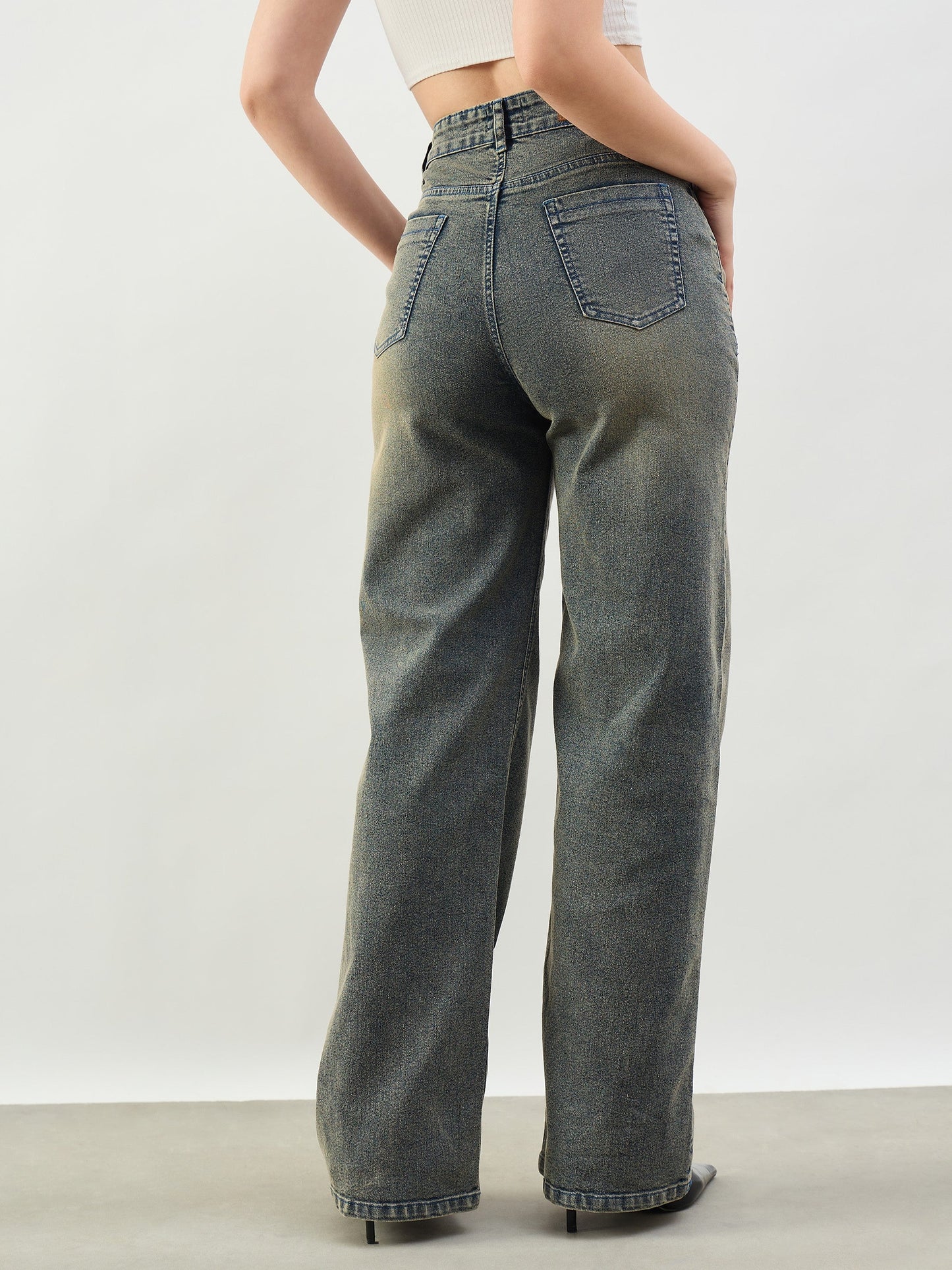 Black Washed High Waist Straight Jeans