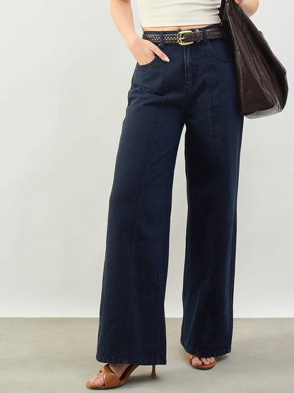 Navy High Waist Seam Detail Straight Jeans