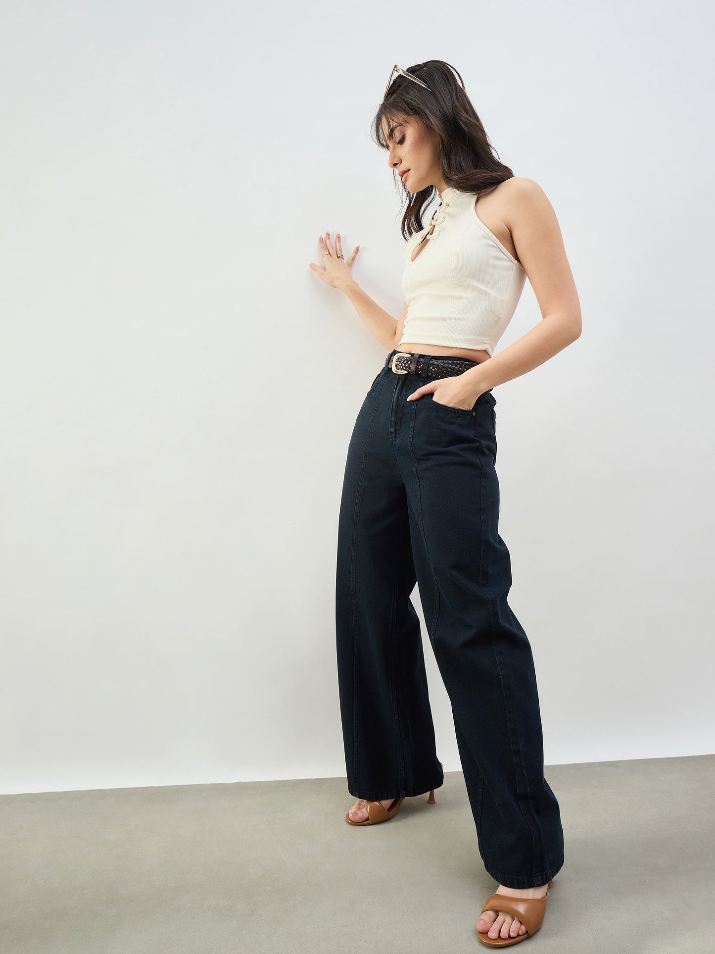 Navy High Waist Seam Detail Straight Jeans