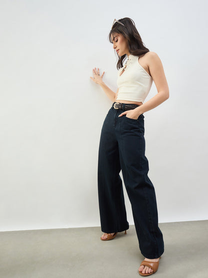 Navy High Waist Seam Detail Straight Jeans