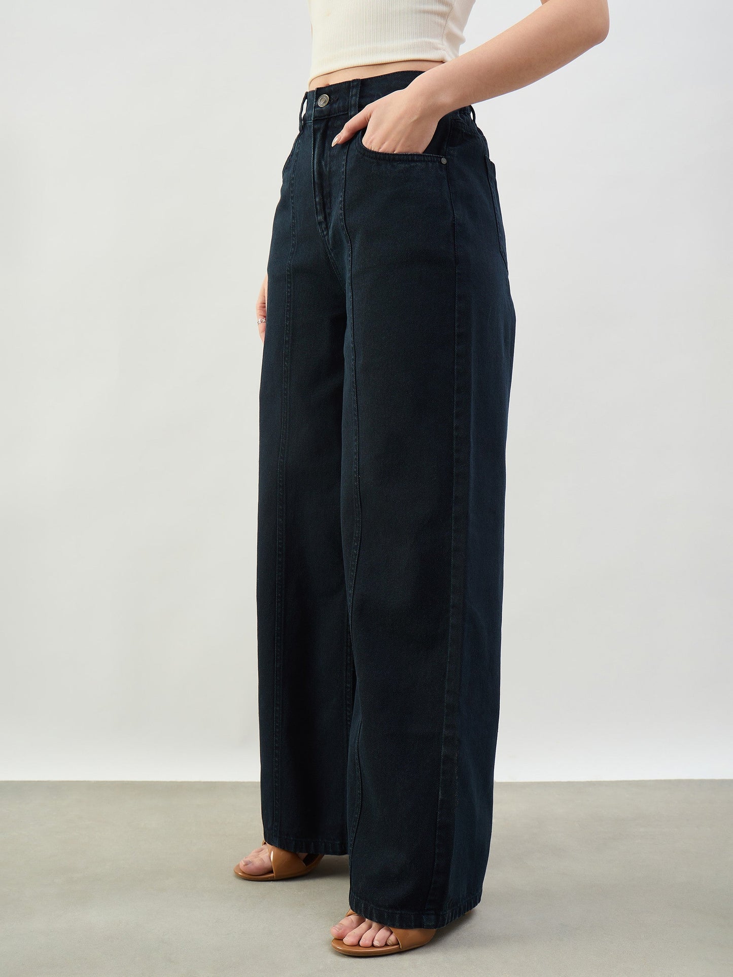 Navy High Waist Seam Detail Straight Jeans