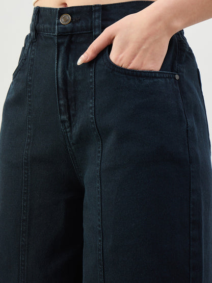 Navy High Waist Seam Detail Straight Jeans
