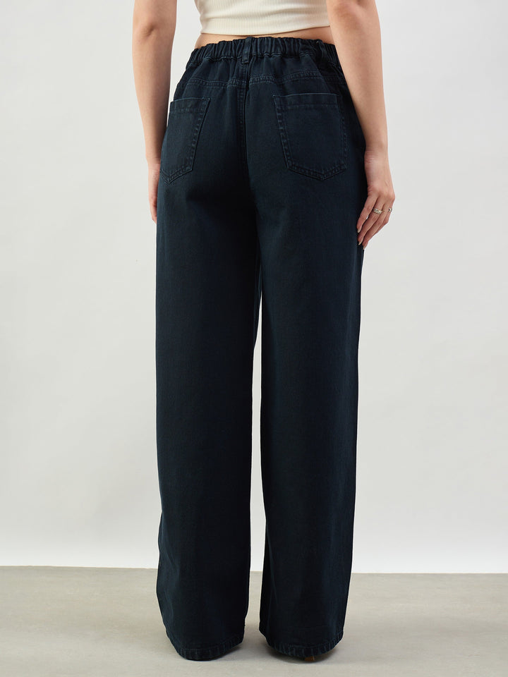 Navy High Waist Seam Detail Straight Jeans