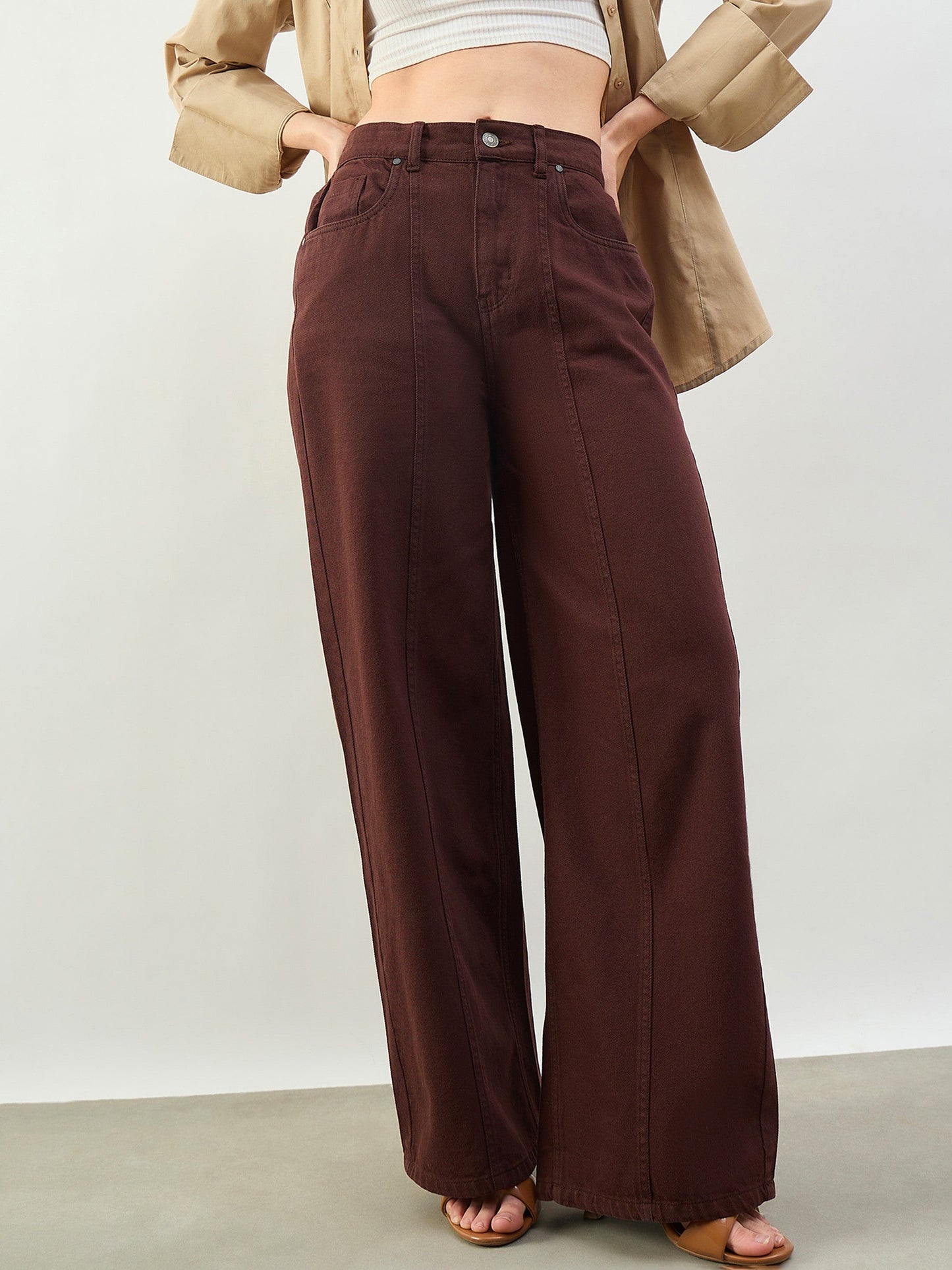 Brown High Waist Seam Detail Straight Jeans