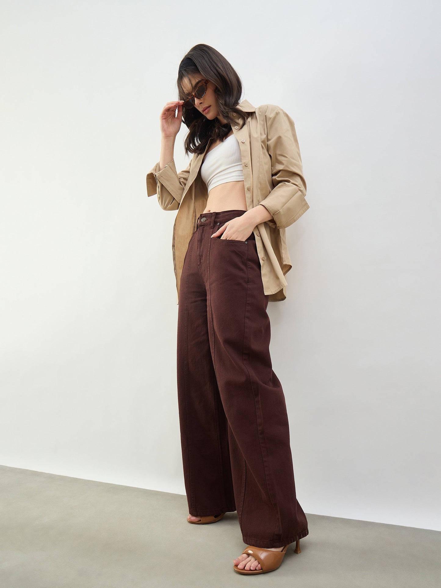 Brown High Waist Seam Detail Straight Jeans