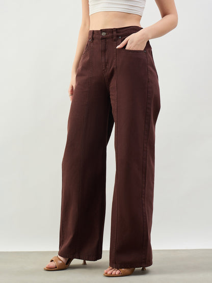 Brown High Waist Seam Detail Straight Jeans