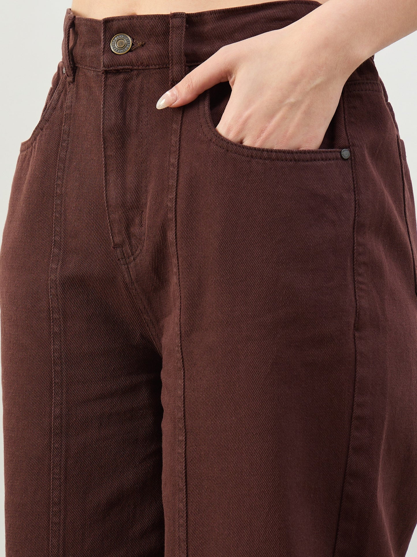 Brown High Waist Seam Detail Straight Jeans