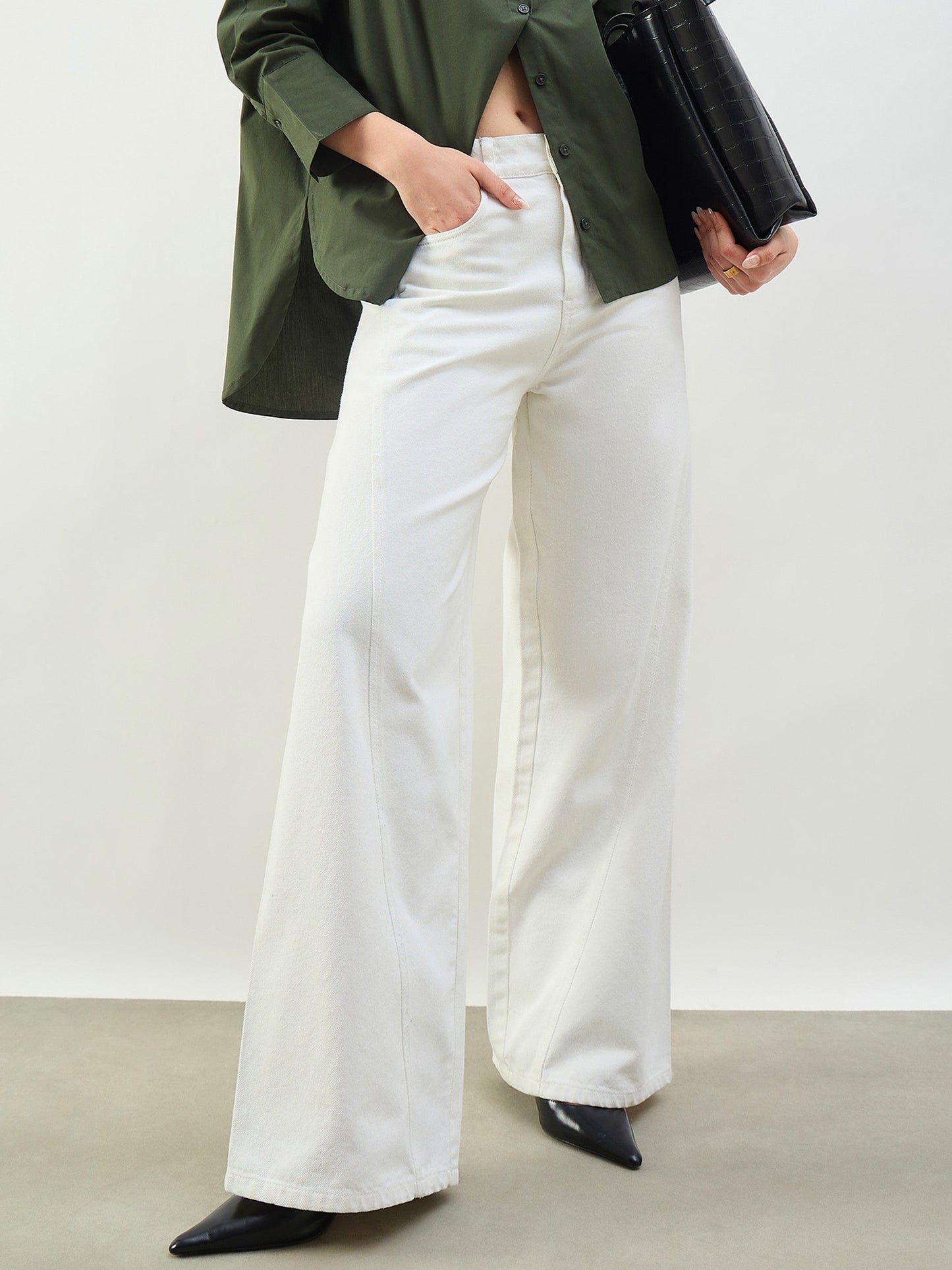 White Seam Detail Wide Leg Jeans