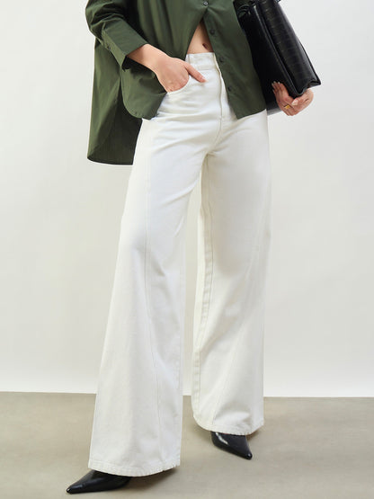 White Seam Detail Wide Leg Jeans