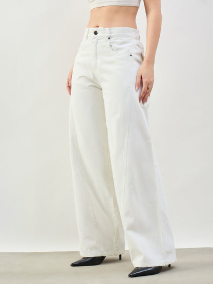 White Seam Detail Wide Leg Jeans