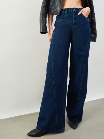 Navy Seam Detail Wide Leg Jeans