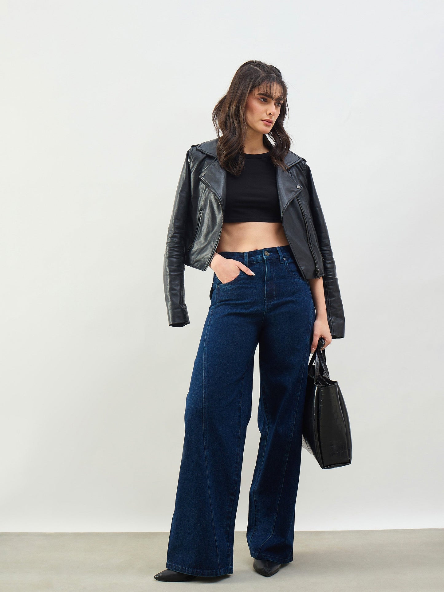 Navy Seam Detail Wide Leg Jeans