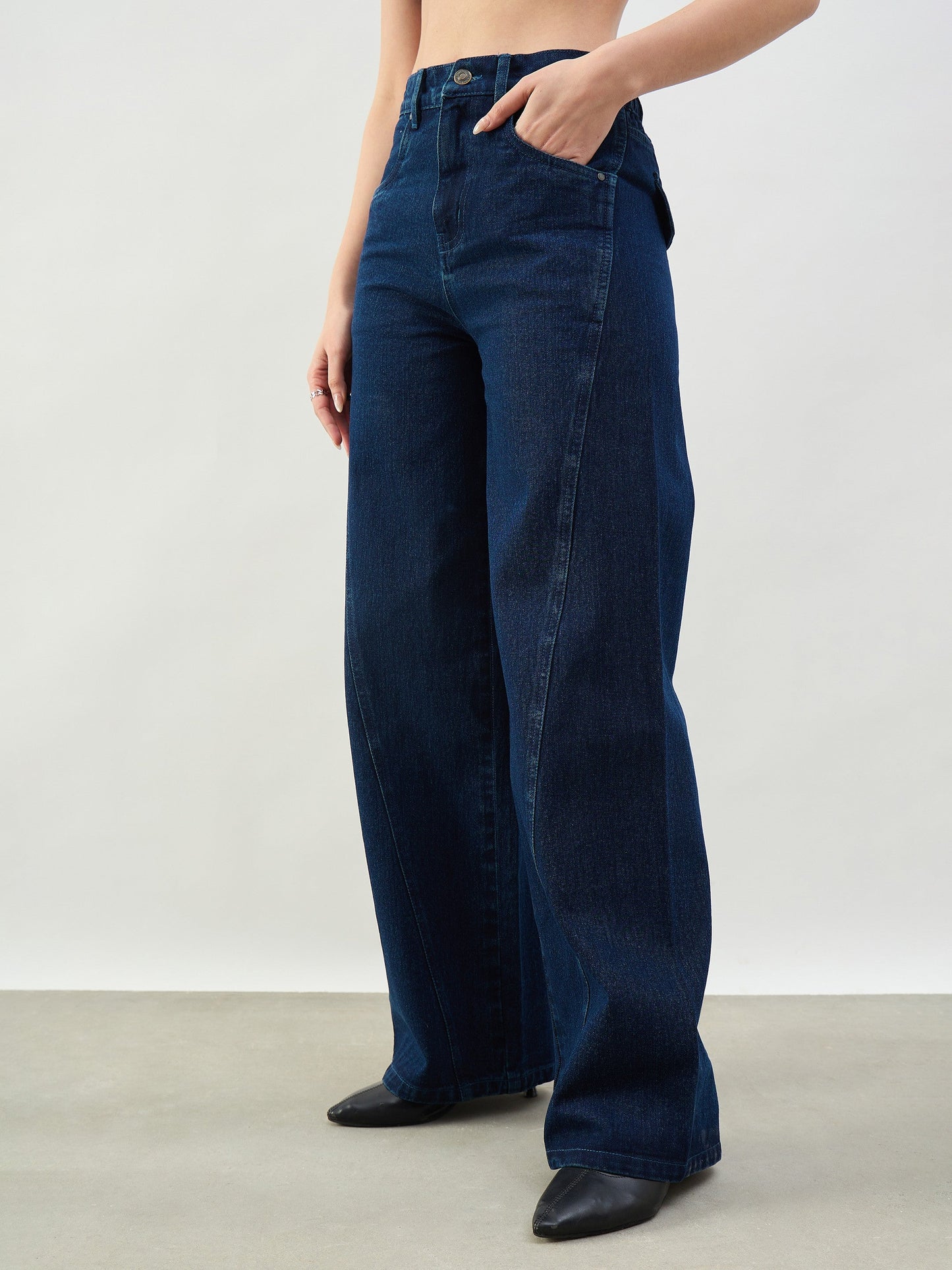 Navy Seam Detail Wide Leg Jeans