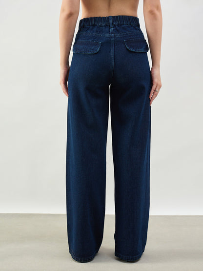 Navy Seam Detail Wide Leg Jeans