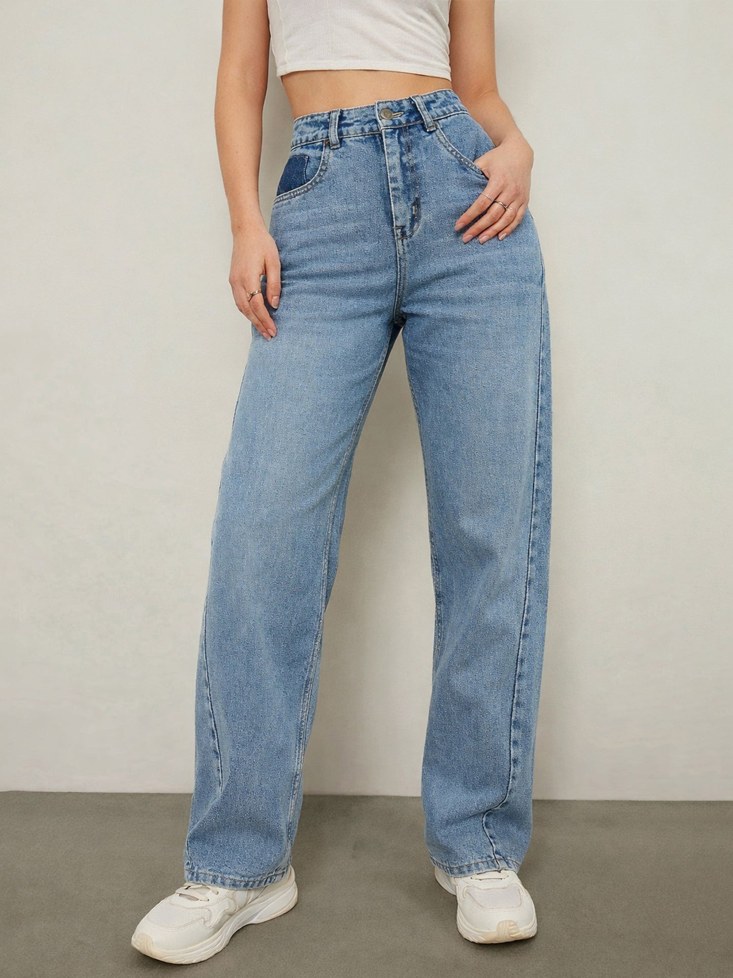 Blue Wash High Waist Straight Jeans