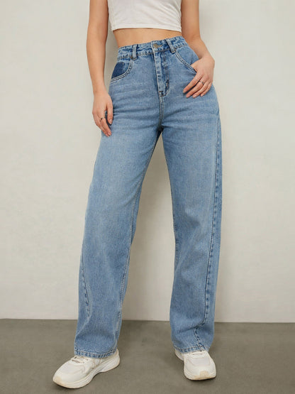 Blue Wash High Waist Straight Jeans