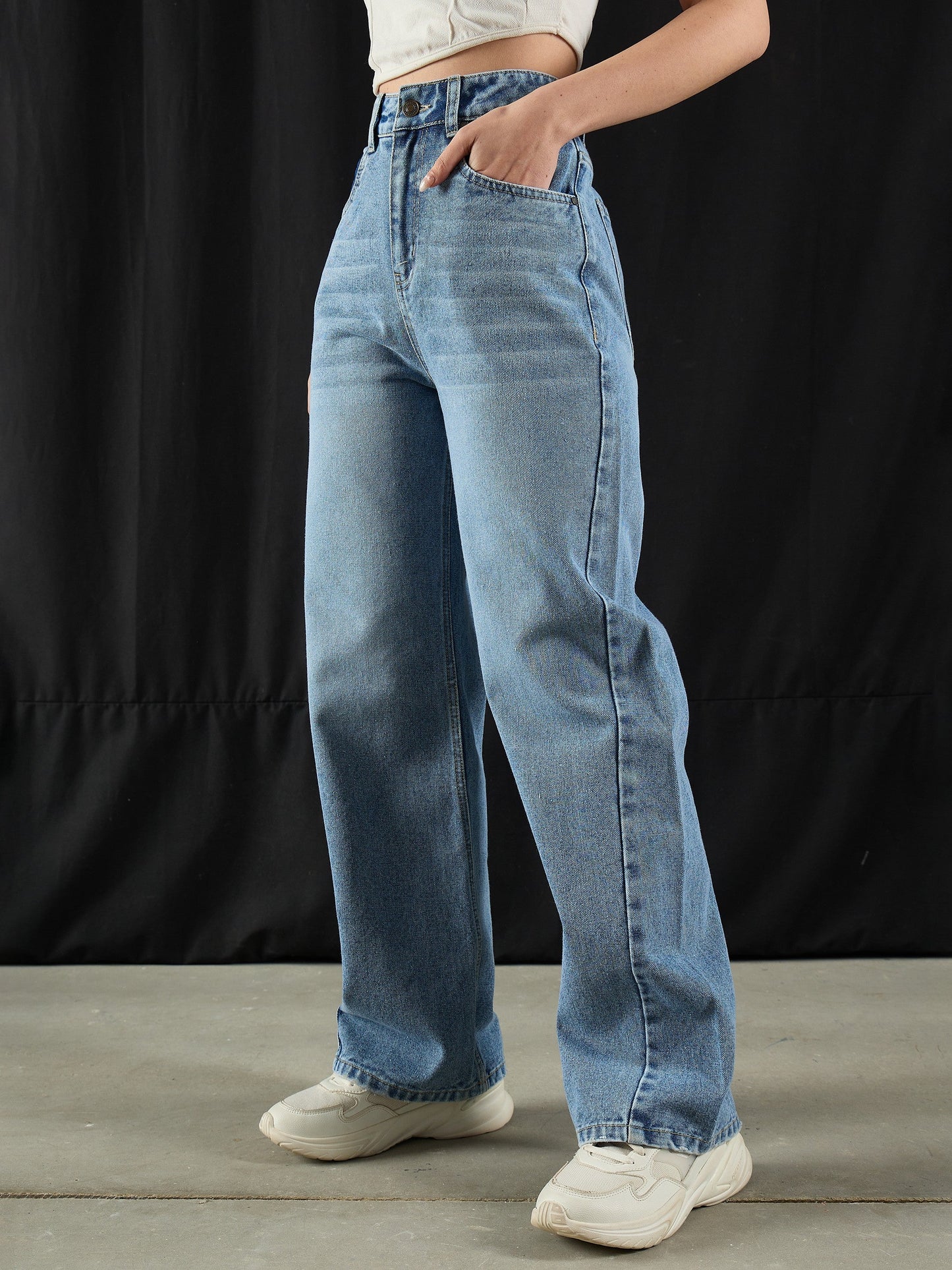 Blue Wash High Waist Straight Jeans