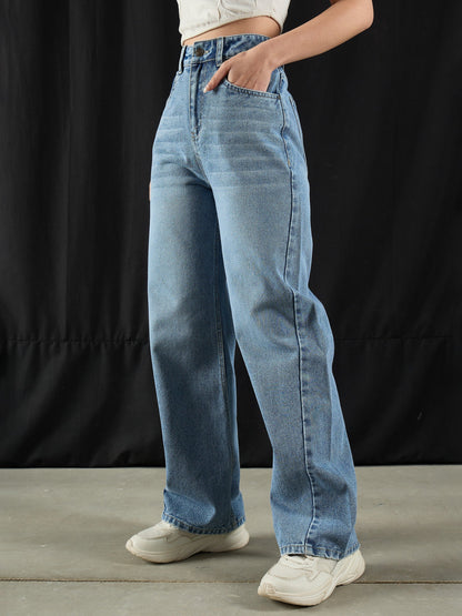 Blue Wash High Waist Straight Jeans