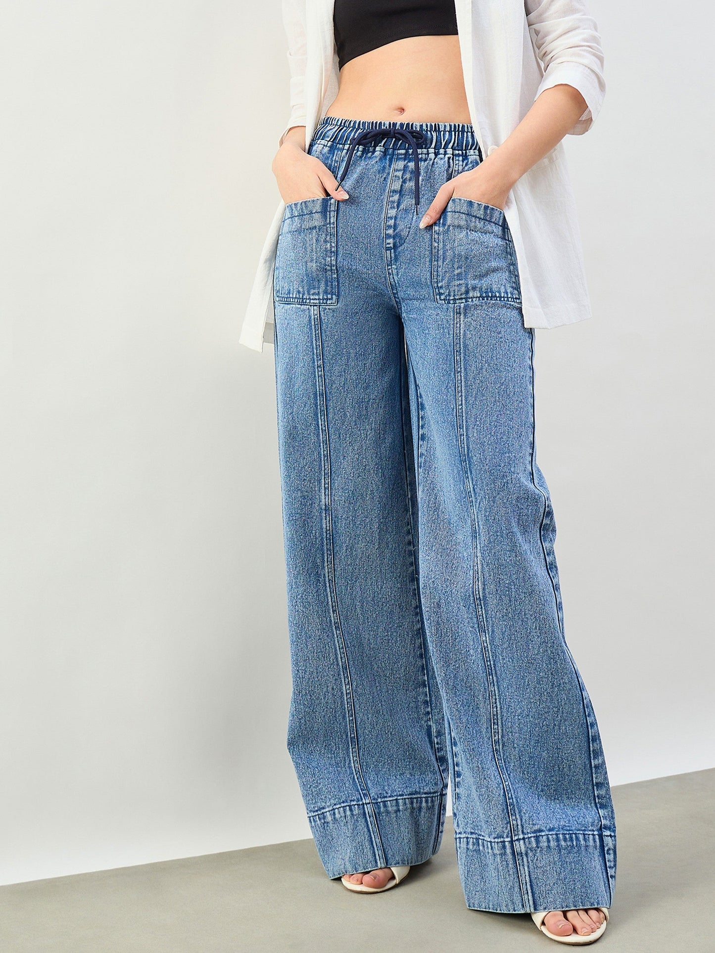 Blue Acid Wash Front Seam Wide Leg Drawstring Jeans