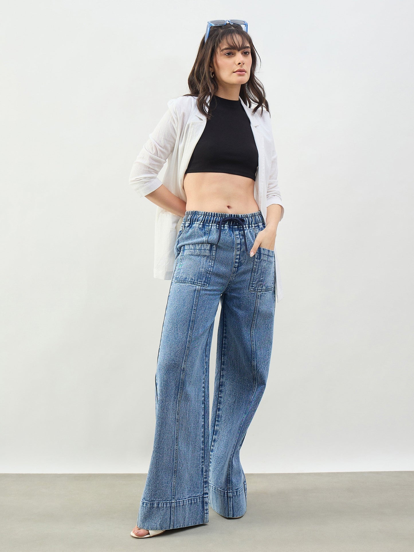 Blue Acid Wash Front Seam Wide Leg Drawstring Jeans