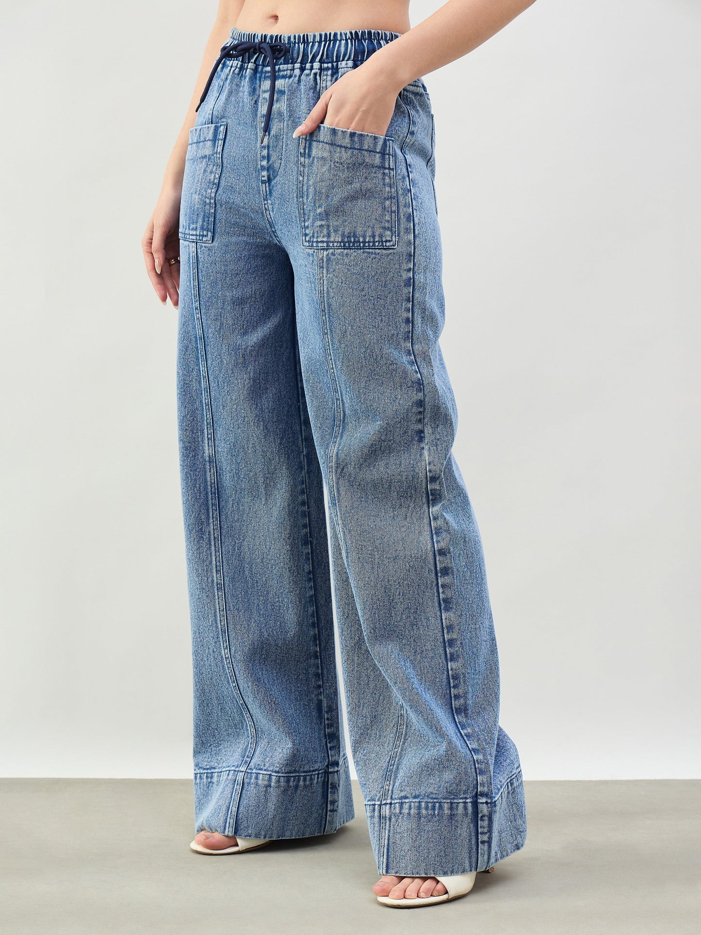 Blue Acid Wash Front Seam Wide Leg Drawstring Jeans