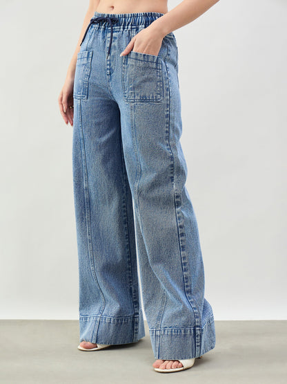 Blue Acid Wash Front Seam Wide Leg Drawstring Jeans