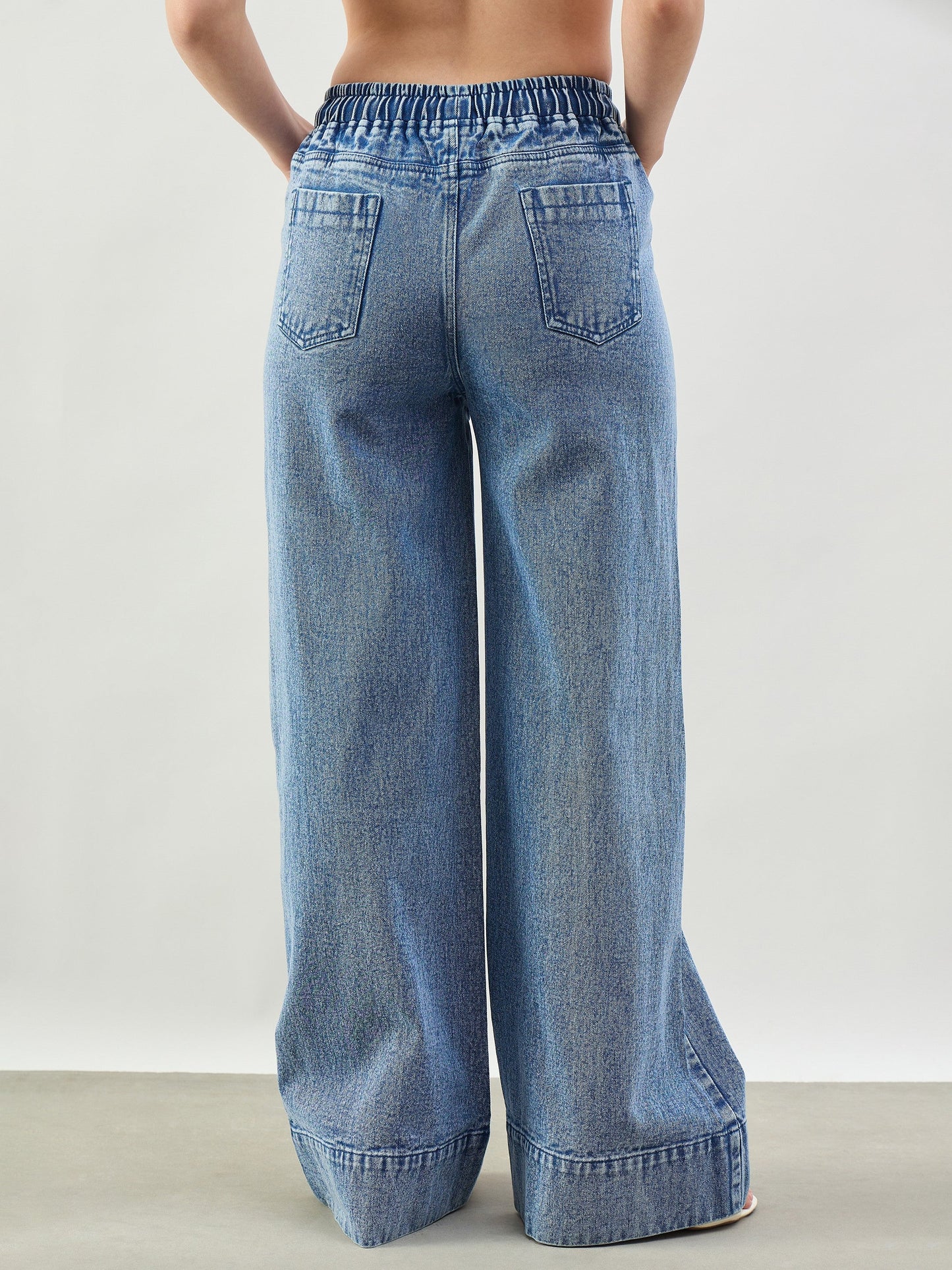 Blue Acid Wash Front Seam Wide Leg Drawstring Jeans