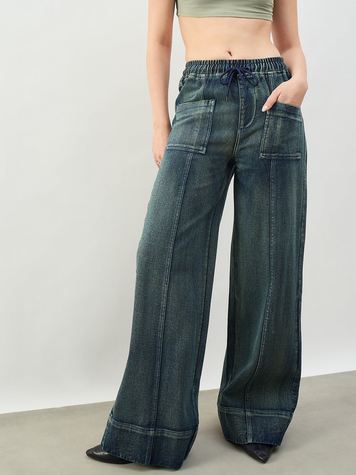 Green Acid Wash Front Seam Wide Leg Drawstring Jeans