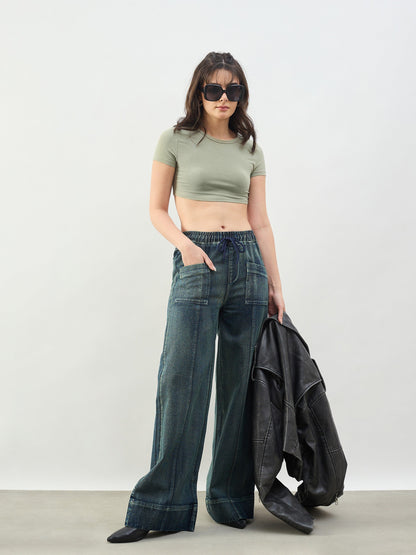Green Acid Wash Front Seam Wide Leg Drawstring Jeans