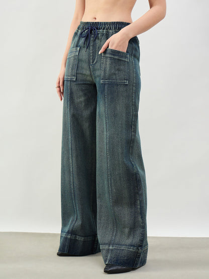 Green Acid Wash Front Seam Wide Leg Drawstring Jeans