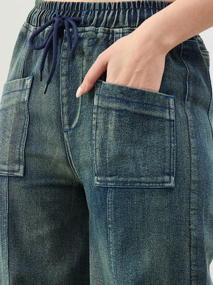 Green Acid Wash Front Seam Wide Leg Drawstring Jeans
