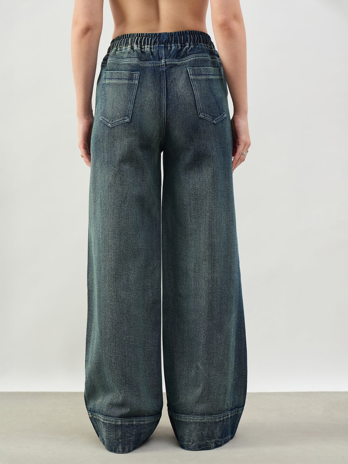 Green Acid Wash Front Seam Wide Leg Drawstring Jeans