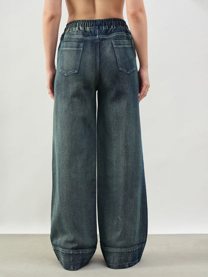 Green Acid Wash Front Seam Wide Leg Drawstring Jeans