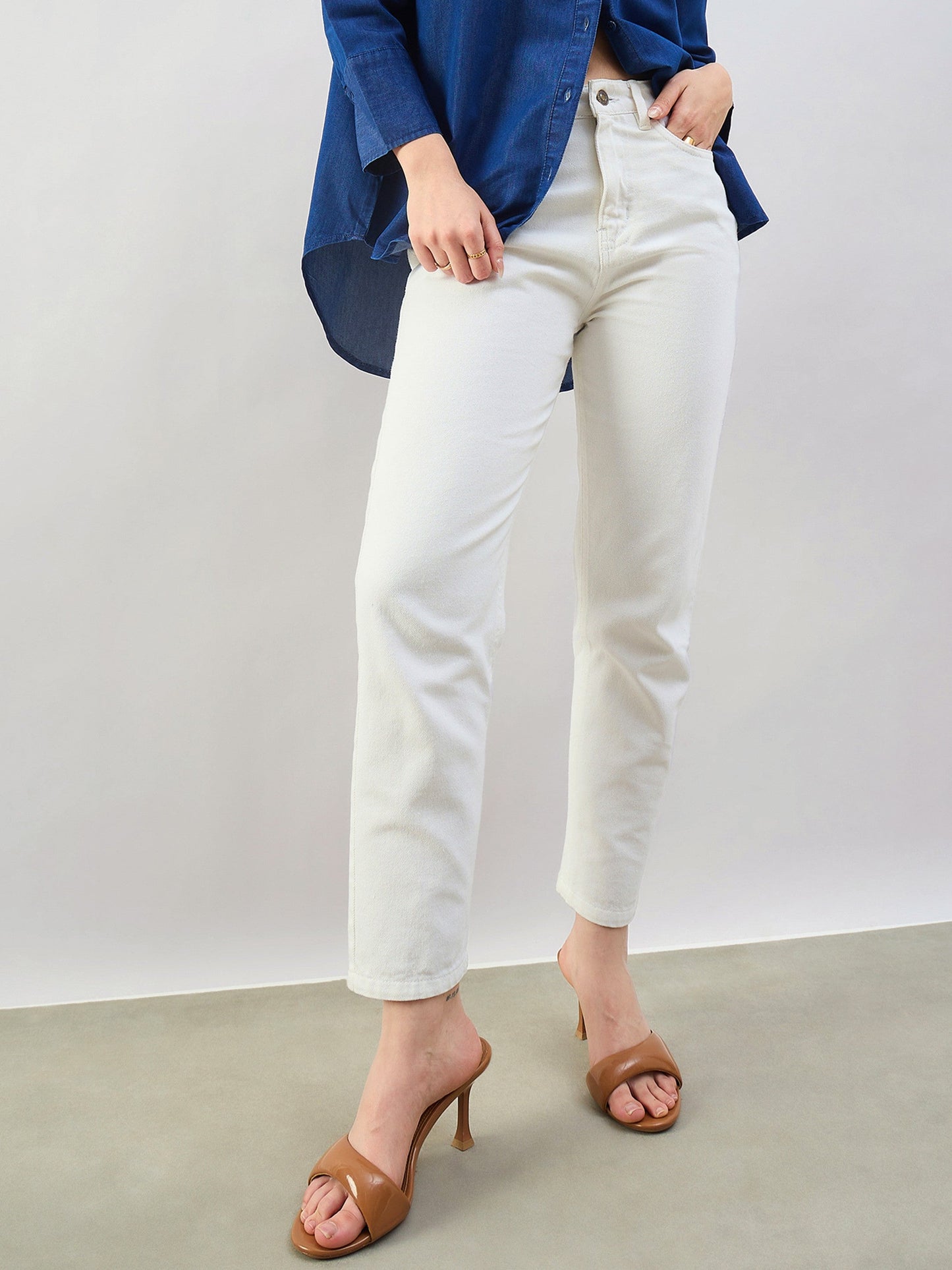 White Barrel Fit High Rise Jeans