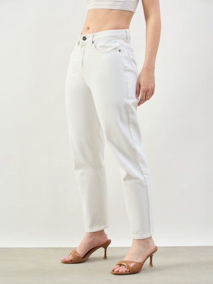 White Barrel Fit High Rise Jeans