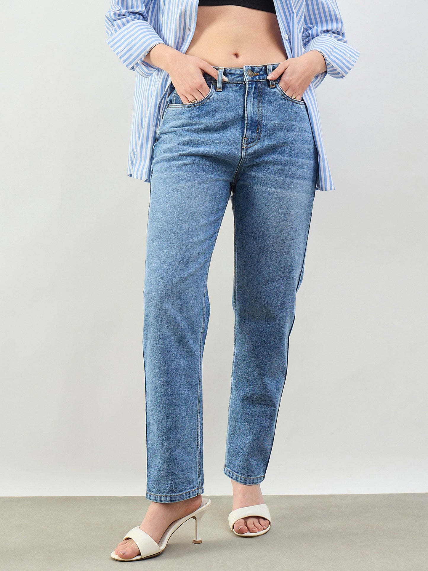 Blue Wash Barrel Fit High Rise Jeans