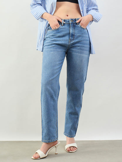 Blue Wash Barrel Fit High Rise Jeans