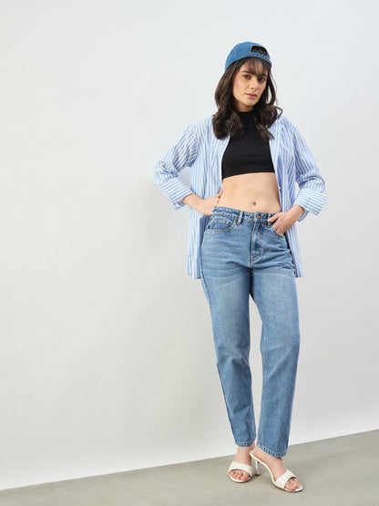 Blue Wash Barrel Fit High Rise Jeans